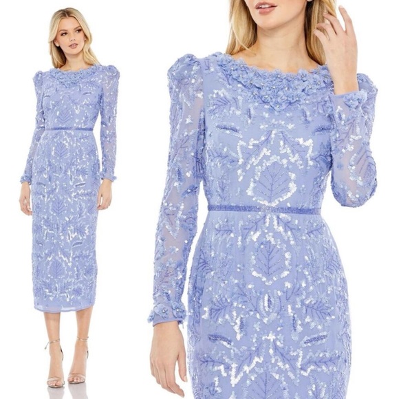 MAC DUGGAL 93595 Embellished High Neck Puff Sleeve Fitted Midi Dress 2 NEW - Picture 1 of 7